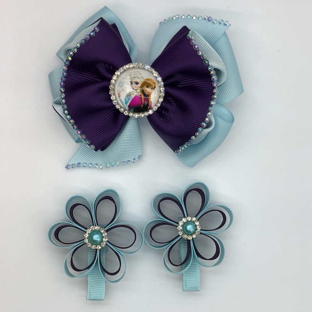 -Inspired Light Blue & Purple Hair Bow Set - 3pc